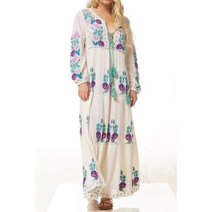 Blue Boheme Lara Embroidered Lightweight Natural Flowy Silhouette Maxi Dress M/L